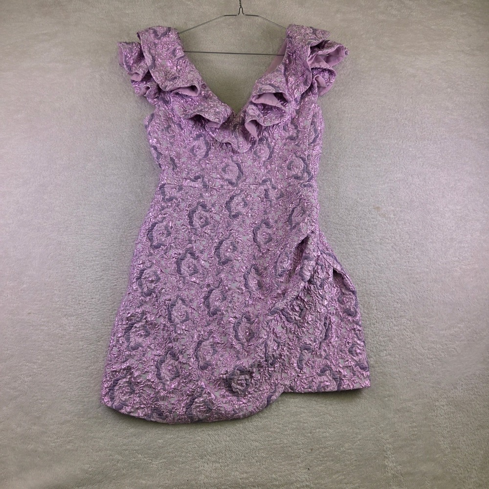Metallic Lavender Floral Brocade Ruffle V-Neck Mini Dress Asymmetrical Hem